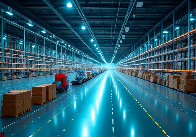 Logistics warehouse with digital overlay